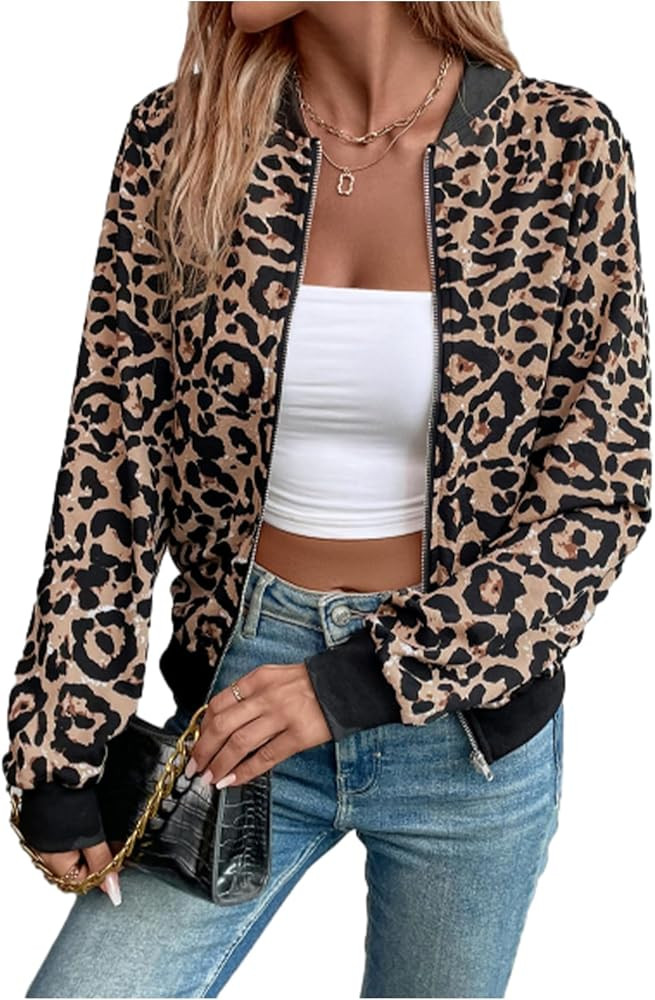 Milumia Women's Leopard Print Zip Up Bomber Jacket Long Sleeve Jackets Outwear | Amazon (US)
