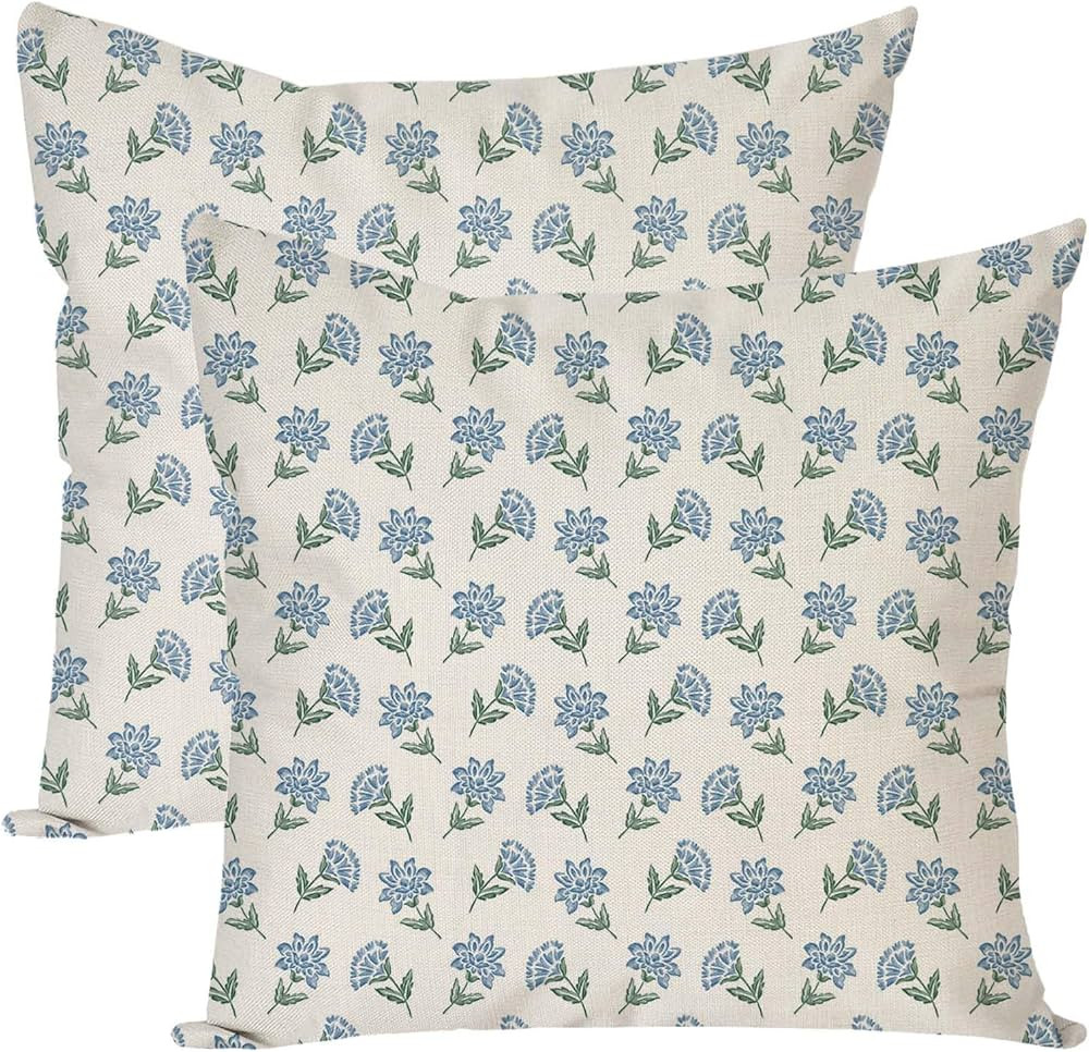 HERHOME Block Print Decorative Throw Pillow Covers 18x18 Inch Set of 2 Green and Blue Vintage Flo... | Amazon (CA)