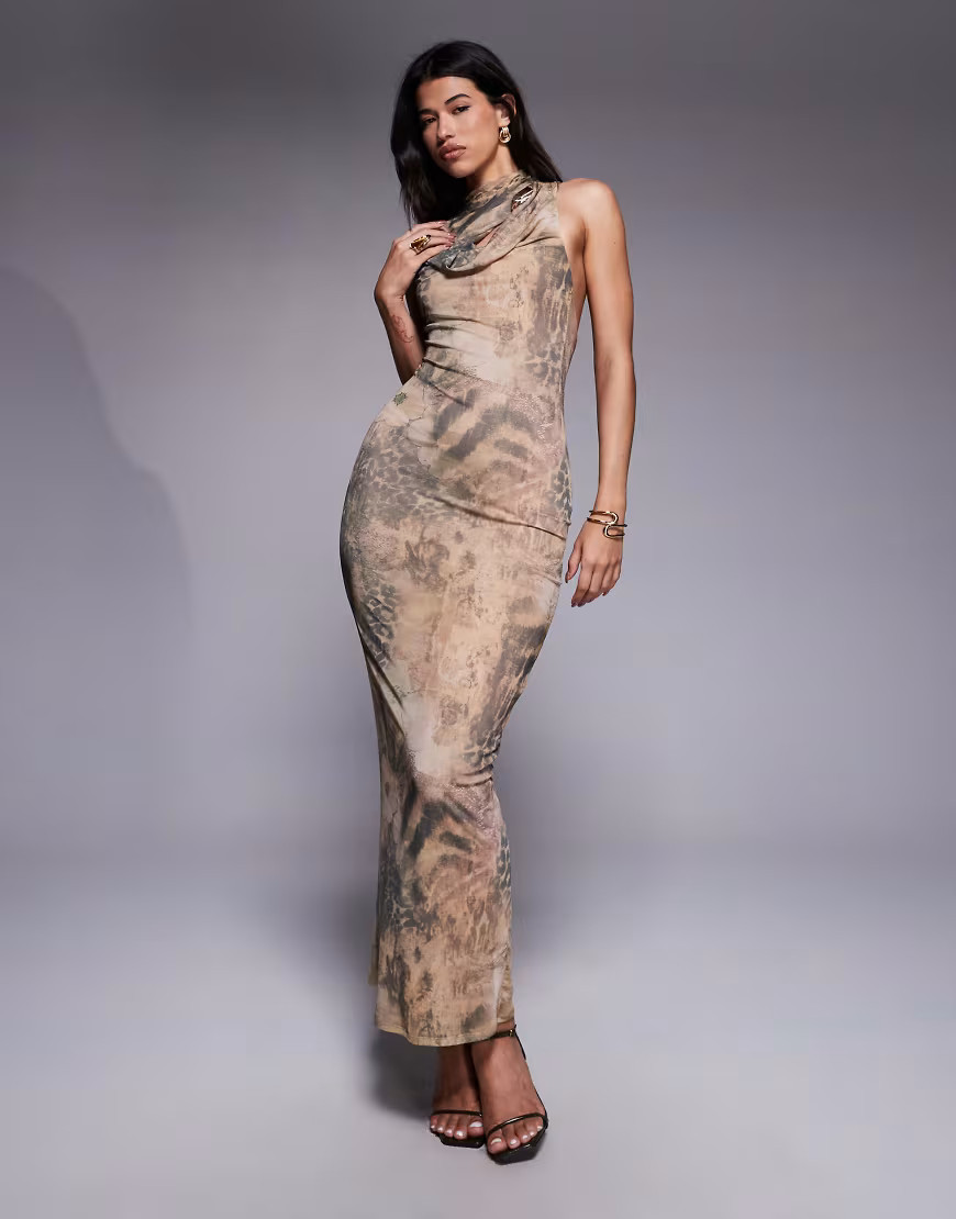 ASOS DESIGN cowl hardware mesh maxi dress in mixed animal print-Multi | ASOS (Global)