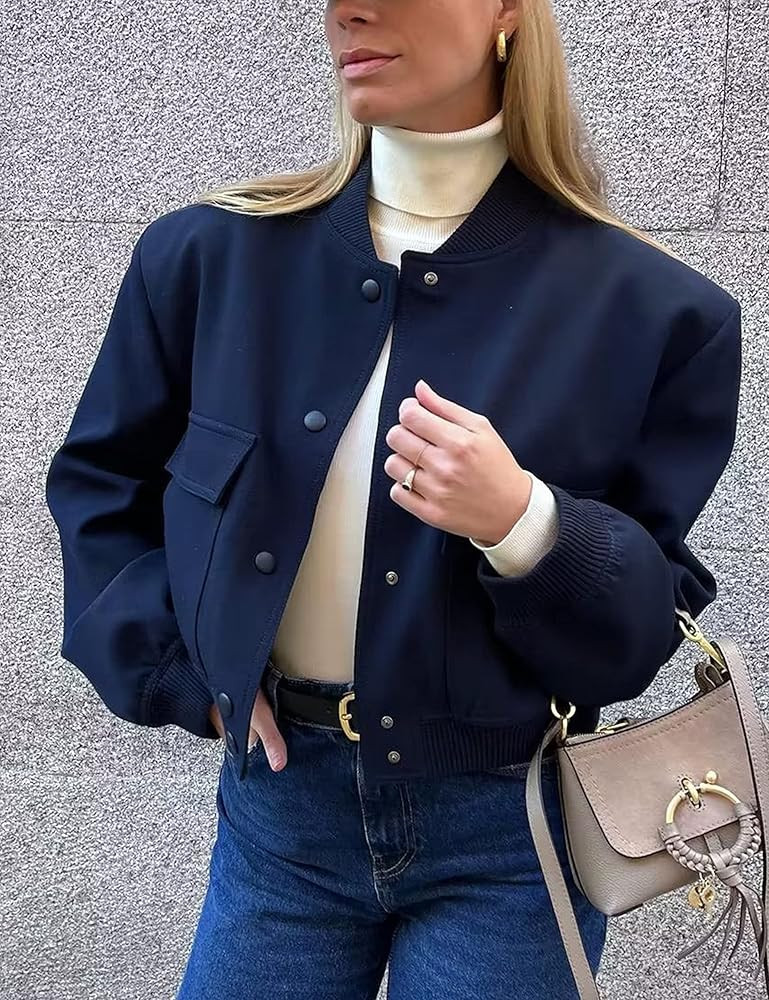 Lumister Women's Fashion Cropped Button Down Lightweight Cropped Bomber Jacket Varsity Shacket wi... | Amazon (US)