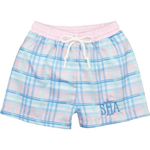 Blue And Pink Plaid Swim Trunks - Shipping Mid-June | Cecil and Lou