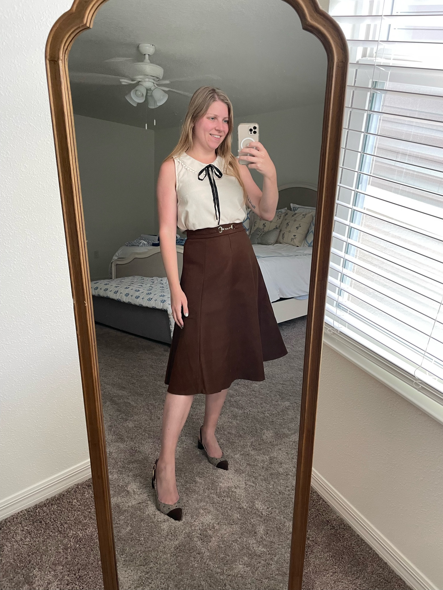 Florida fall outfit. Thick brown midi skirt, classic preppy blouse, tweed plaid shoes  

#LTKSeasonal