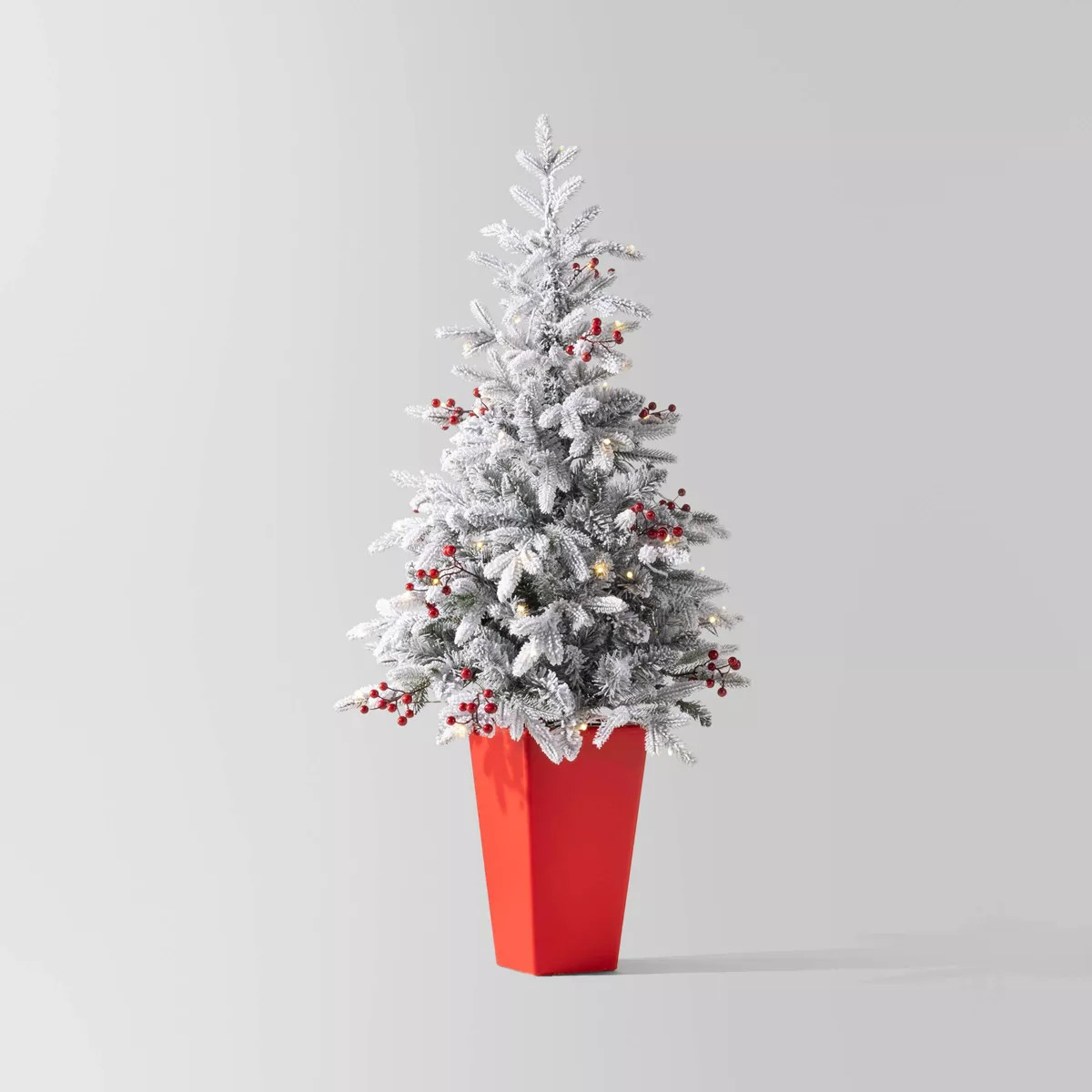 4' Pre-lit Flocked Balsam Fir with Red Berries Potted Mini Artificial Christmas Tree Warm White L... | Target