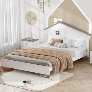White and Gray Full Size Wooden Platform Bed with House-Shaped Headboard | The Home Depot