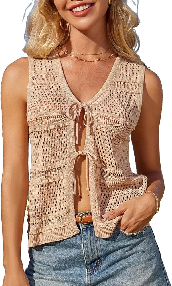 GRACE KARIN Women’s Tie Front Sweater Vest Summer Sleeveless Crop Crochet Knit Tops Lightweight... | Amazon (US)