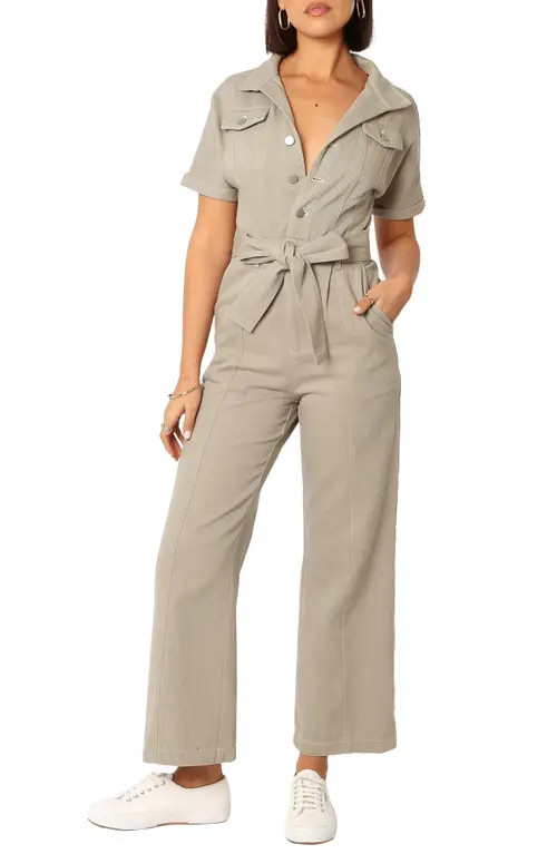 Petal & Pup Demi Tie Waist Straight Leg Twill Jumpsuit in Olive at Nordstrom, Size Medium | Nordstrom