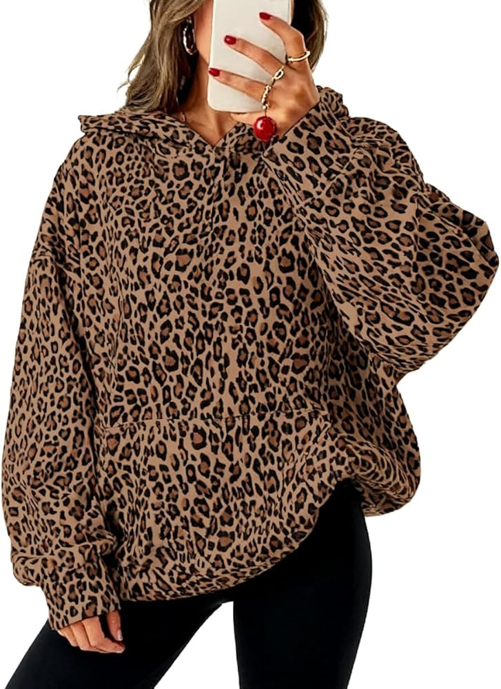 JTANIB Leopard Print Hoodie for Women Oversized Cheetah Print Hoodie 2000s Y2K Fleece Sweatshirt ... | Amazon (US)