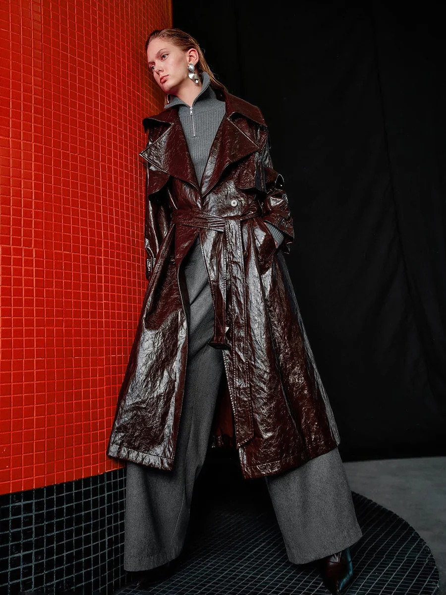 Faux Leather Oversize Trench Coats | Urban Revivo