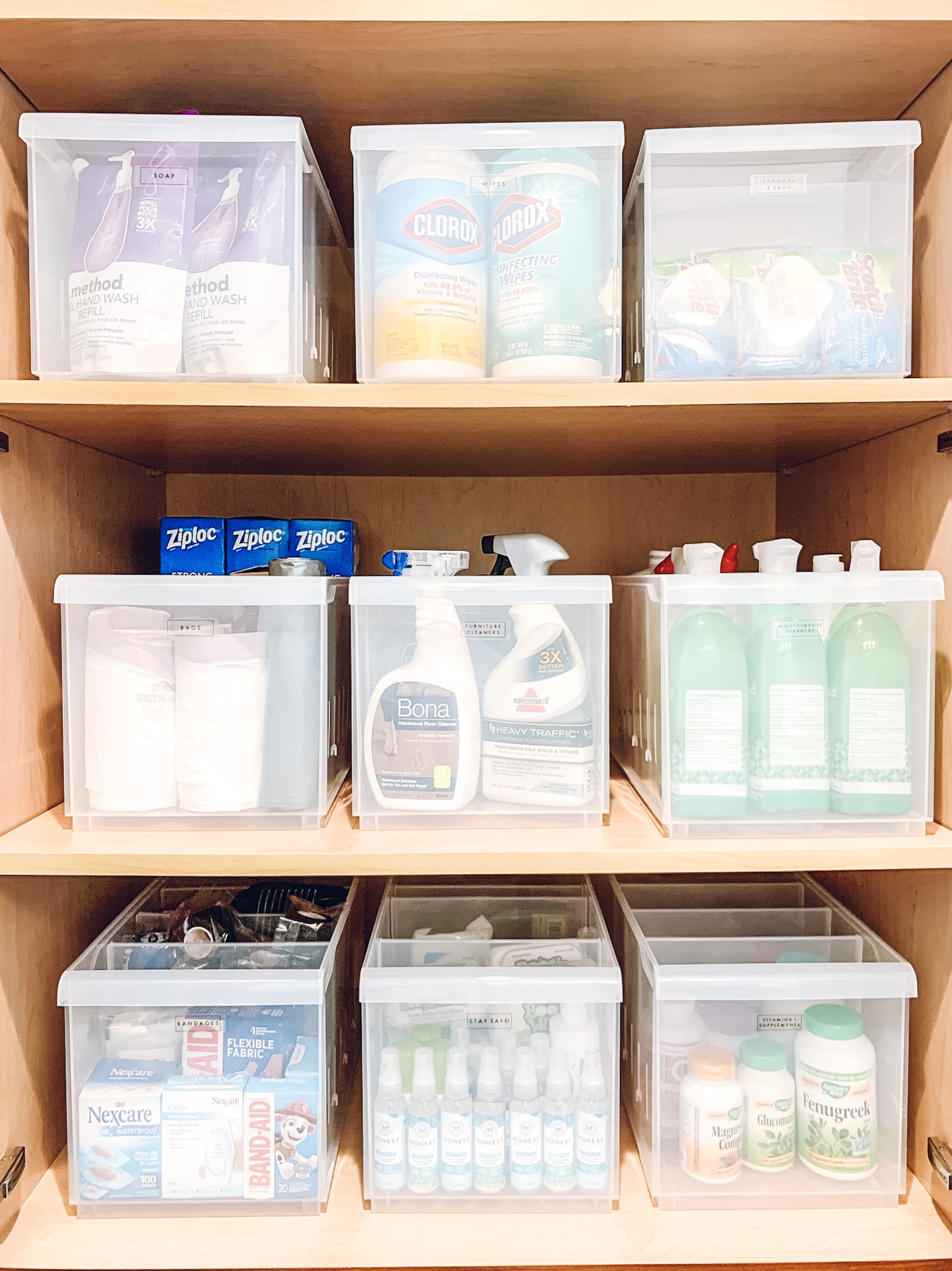 Linen Closet organization. The Container Store STAK Bin. Amazon The Honest Company hand sanitizer and Method All-Purpose Cleaner Spray✨

#LTKhome #LTKfamily
