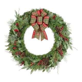 36 in. Woodmoore Battery Operated Pre-Lit LED Artificial Christmas Wreath with Plaid Bow | The Home Depot