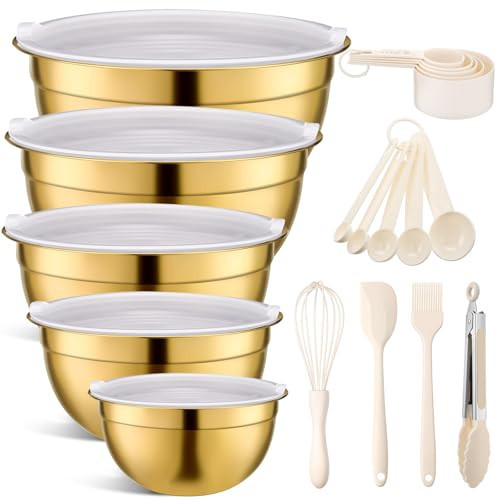 Shellwei Gold Mixing Bowls with Airtight Lids 24 Pcs Stainless Steel Mixing Bowls Set Size 1, 1.5, 2, 3.6, 7QT, Measuring Cups Spoons Baking Utensils Bowl for Kitchen Baking Serving Food | Amazon (US)
