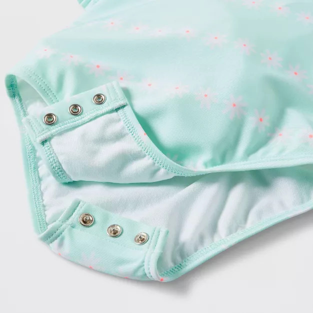 Toddler Girls' Daisy Print Puff Sleeve One Piece Swimsuit - Cat & Jack™ Turquoise Blue | Target