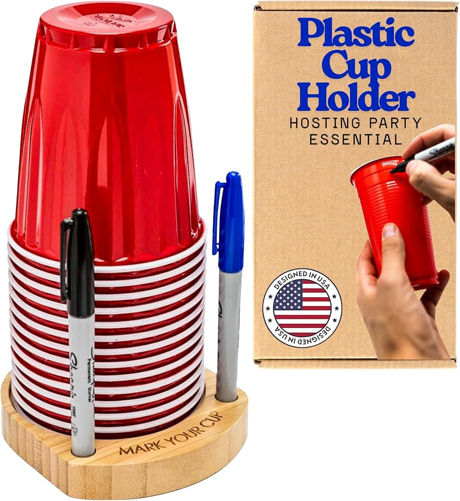 Plastic Party Cup Holder for 3-4" Cups - Wooden Drink Organizer with Marker Slots for Birthdays &... | Amazon (US)