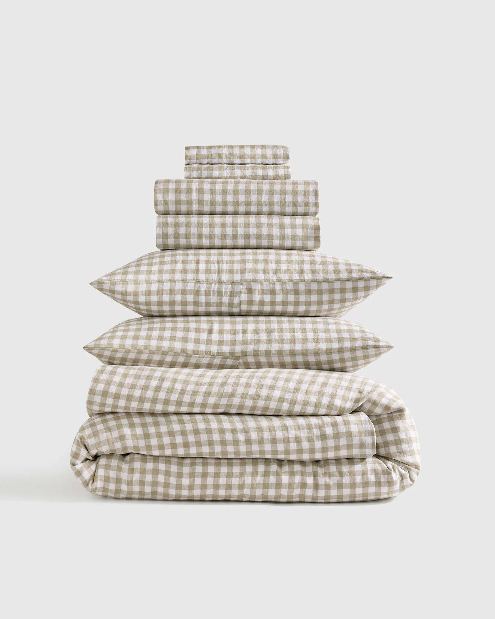 Quince | European Linen Gingham Deluxe Bedding Bundle in Olive, Size Full | Quince