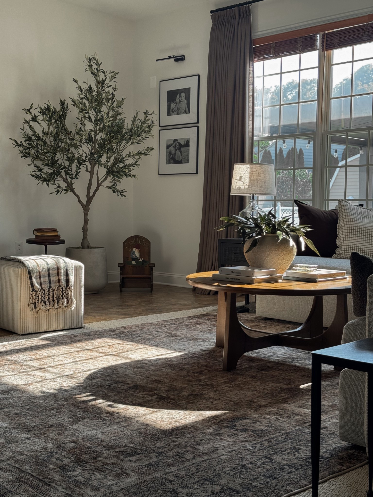 Living room decor, coffee table decor, fall decor, layered rugs, side table, olive tree, Amazon curtains 

#LTKHome