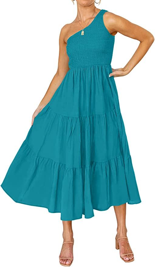 ZCSIA Women's Summer Boho One Shoulder Sleeveless Solid Color Ruffle Beach Party Tiered Midi Dres... | Amazon (US)