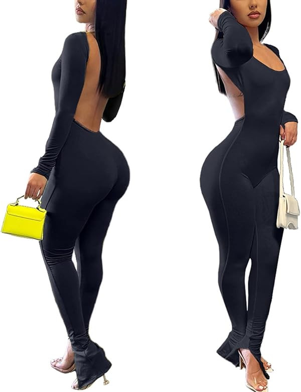 Annystore Women's Sexy Long Sleeve Bodycon Jumpsuit Backless Split Hem Flare Pants One Piece Outf... | Amazon (US)