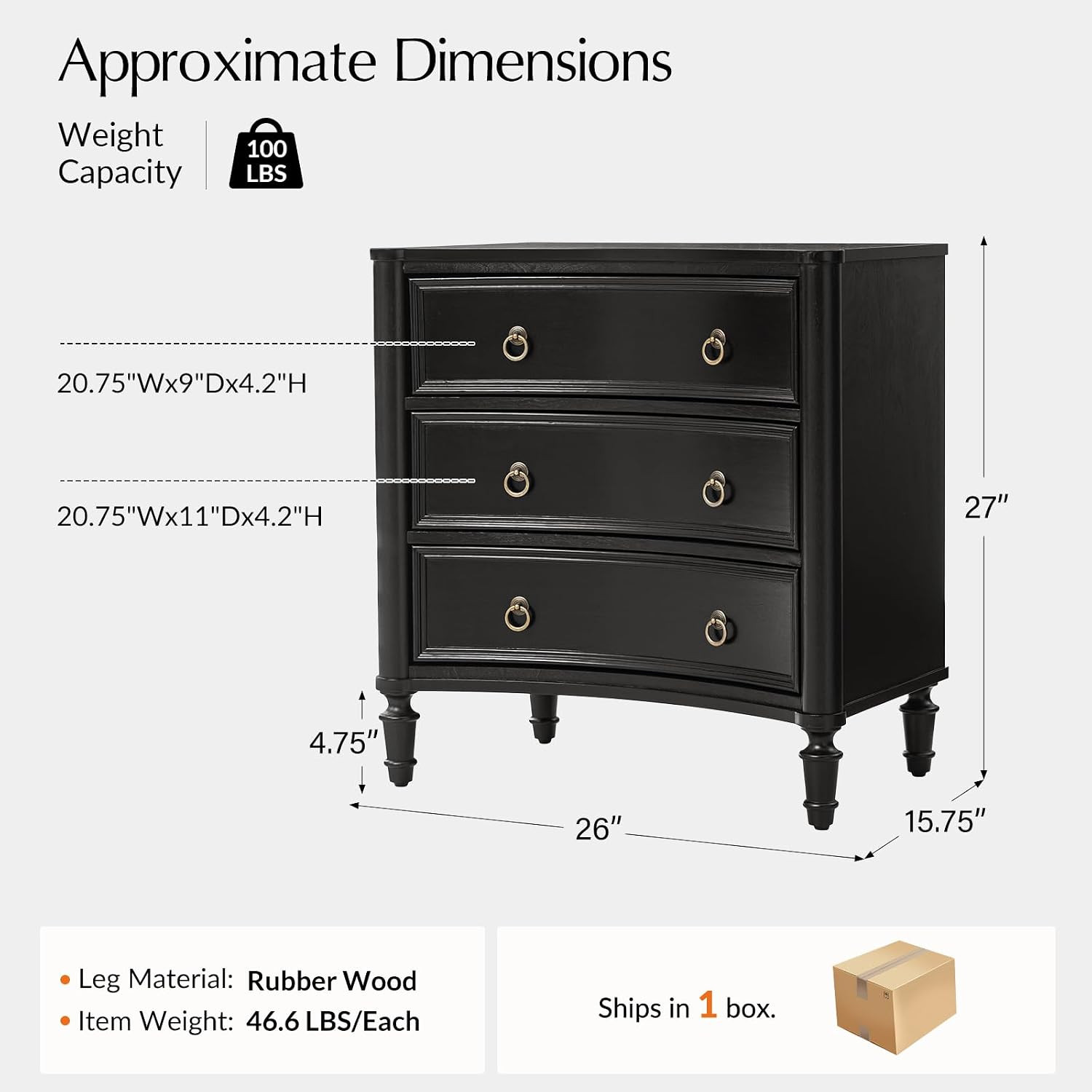 HULALA HOME 3 Drawer End Table with Charging Station, 26" Wide Endtable with Solid Wood Legs and Curved Profile, Classic Side Table for Living Room, Black | Amazon (US)