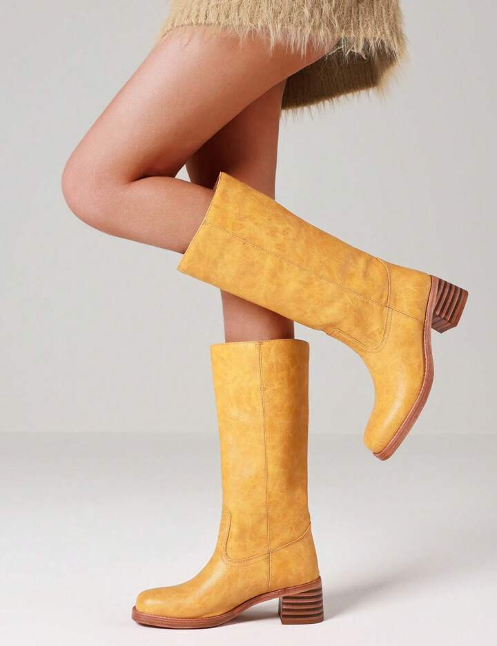 Women's Knee High Boots Wide Calf Boots Square Toe Chunky Block Heel Long Boots Pull On Riding Boots Knight Boots Casual Comfortable Low Heel Womens Boots | SHEIN