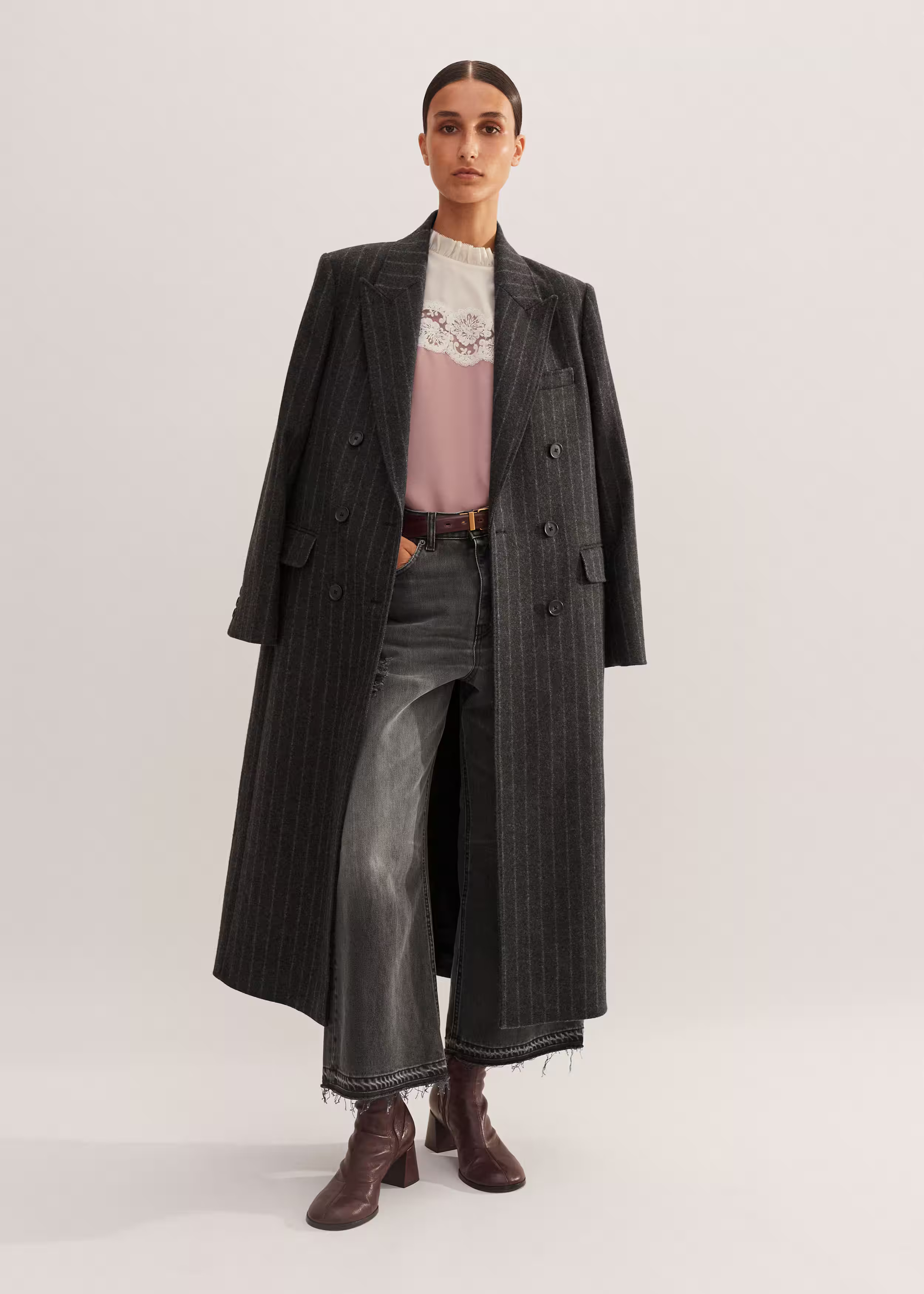 Women's Gray Wool-Blend Tomboy Pinstripe Coat | ME+EM | ME+EM US