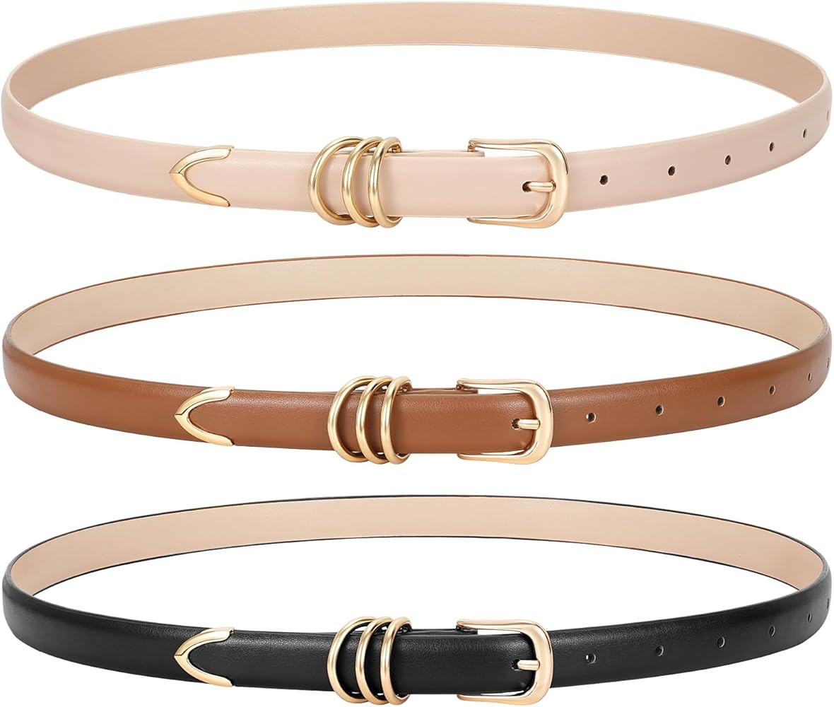 WERFORU Women 3 Pack Skinny Belt for Dress Jeans,Thin Leather Waist Belt with Gold Buckle | Amazon (US)