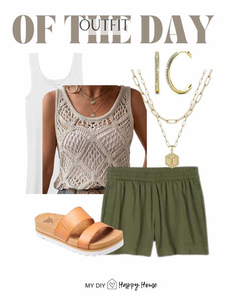 Todays outfit of the day 

Crochet tank
Basic white tank 
Olive linen shorts
Reef sandals
Gold tone hoop earrings
Layered necklace 


Summer outfit, sandals, summer sandals, outfit idea 

#LTKShoeCrush #LTKSeasonal #LTKMidsize