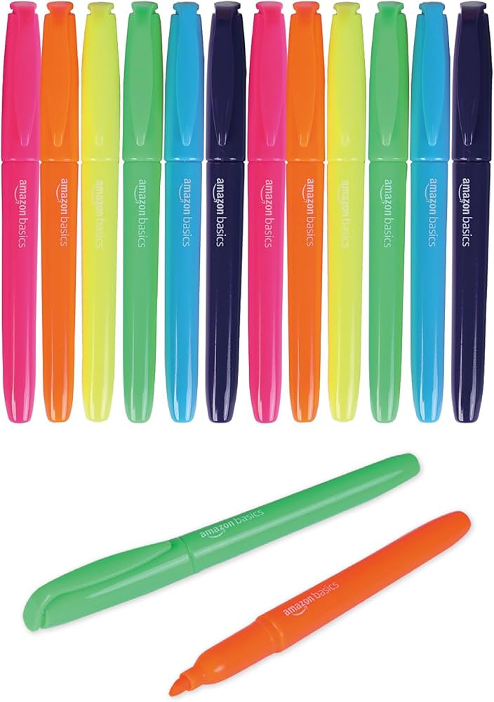 Amazon Basics Highlighters, Fluorescent Ink, Chisel Tip, Assorted Colors, School Supplies, 12 Pac... | Amazon (US)