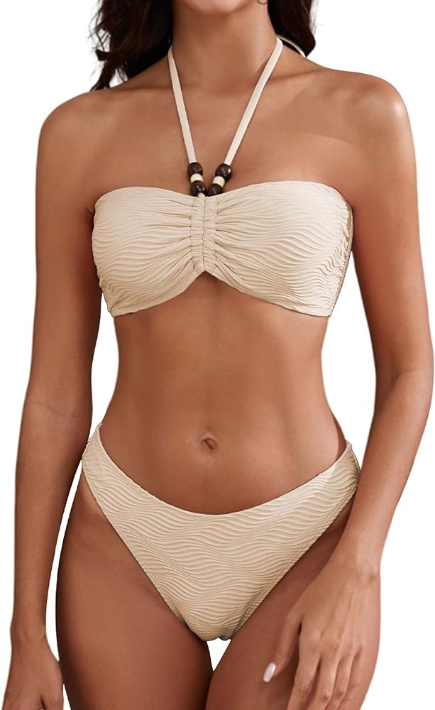 ZAFUL Women's Halter Bandeau Bikini Beaded Tie Back String Bikini Set Push Up Two Piece Swimsuit ... | Amazon (US)