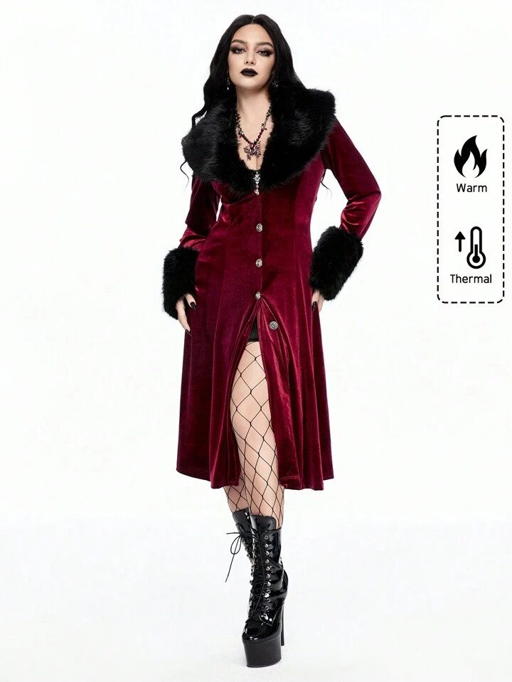 ROMWE Goth Vintage Plush Patchwork Flare Women Trench Coat | SHEIN