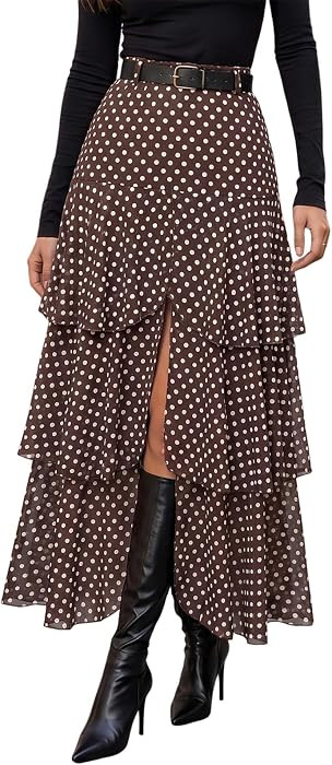 Wenrine Womens Mesh Maxi Skirt Polka Dot Front Split Tiered Plaid Skirts | Amazon (US)