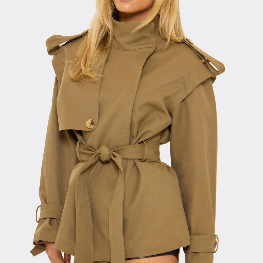 High Neck Belted Waist Short Trench Coat In Khaki | EGO (UK)