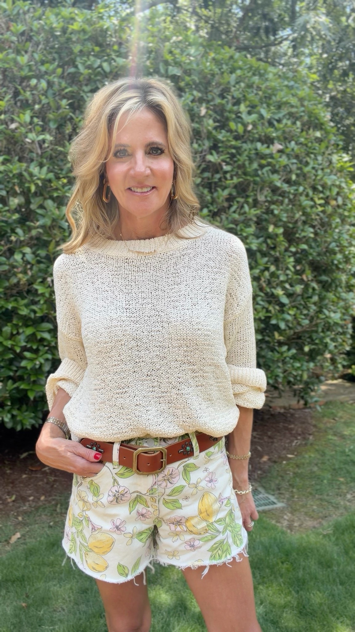 The cutest casual OOTD! 
I’m in a 25 in the shorts, XS in the sweater. Linking similar belt.

#LTKootd #LTKSeasonal #LTKOver40