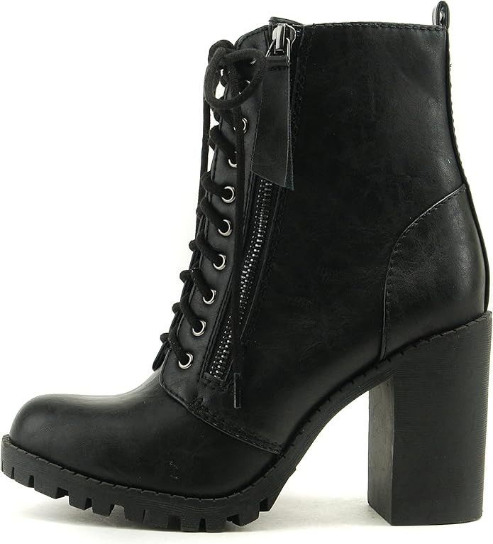 Soda Malia Round Toe Stacked Lug Heel Lace Up Ankle Booties | Amazon (US)
