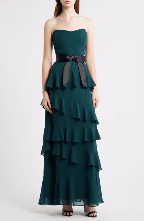 Lulus Amalia Strapless Ruffle Tiered Gown in Emerald at Nordstrom, Size Medium | Nordstrom