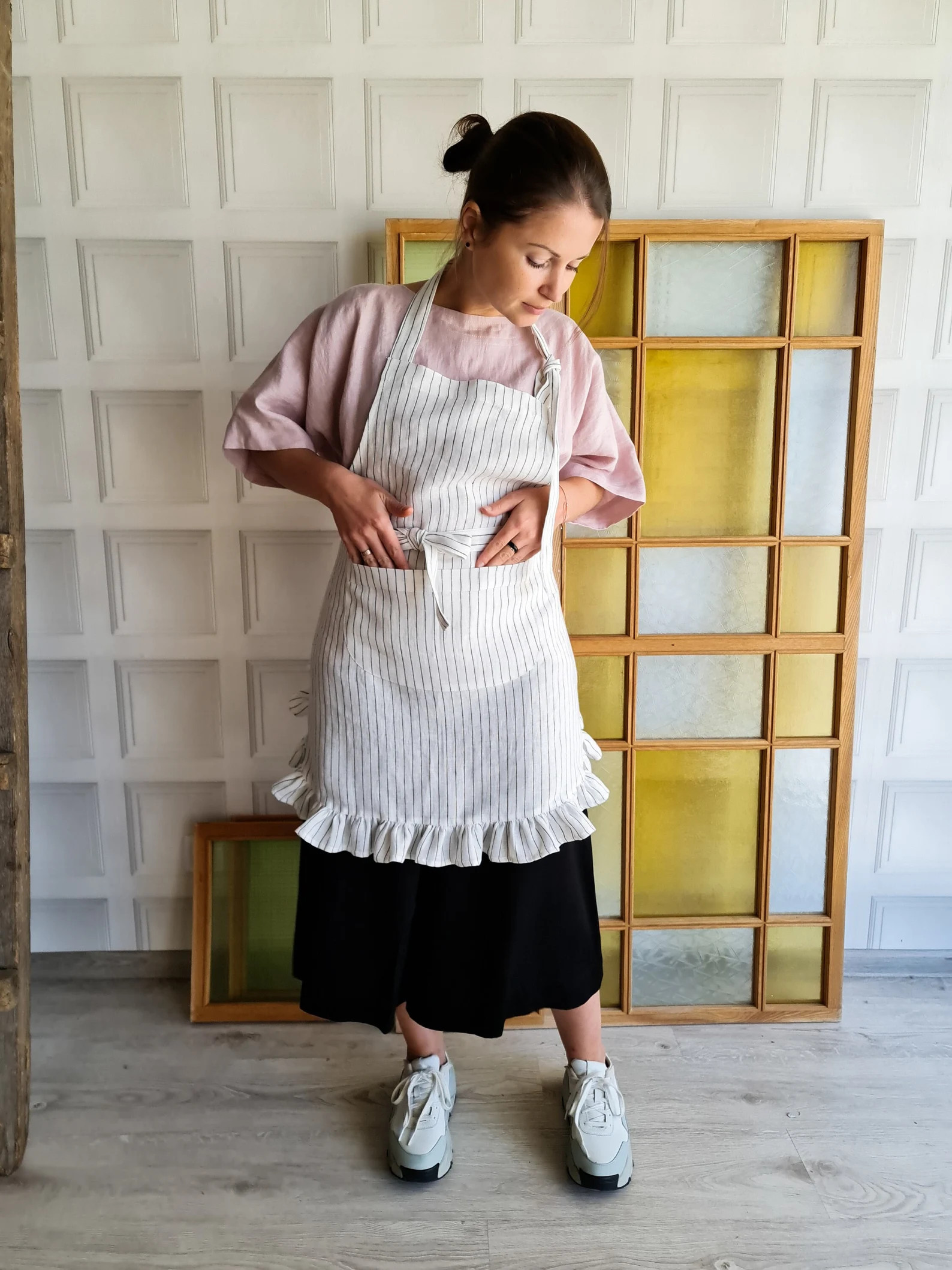 Linen Apron With Ruffles, Ruffled Linen Kitchen Dress, Rustic Linen Apron With Pockets, Daily Apr... | Etsy (US)