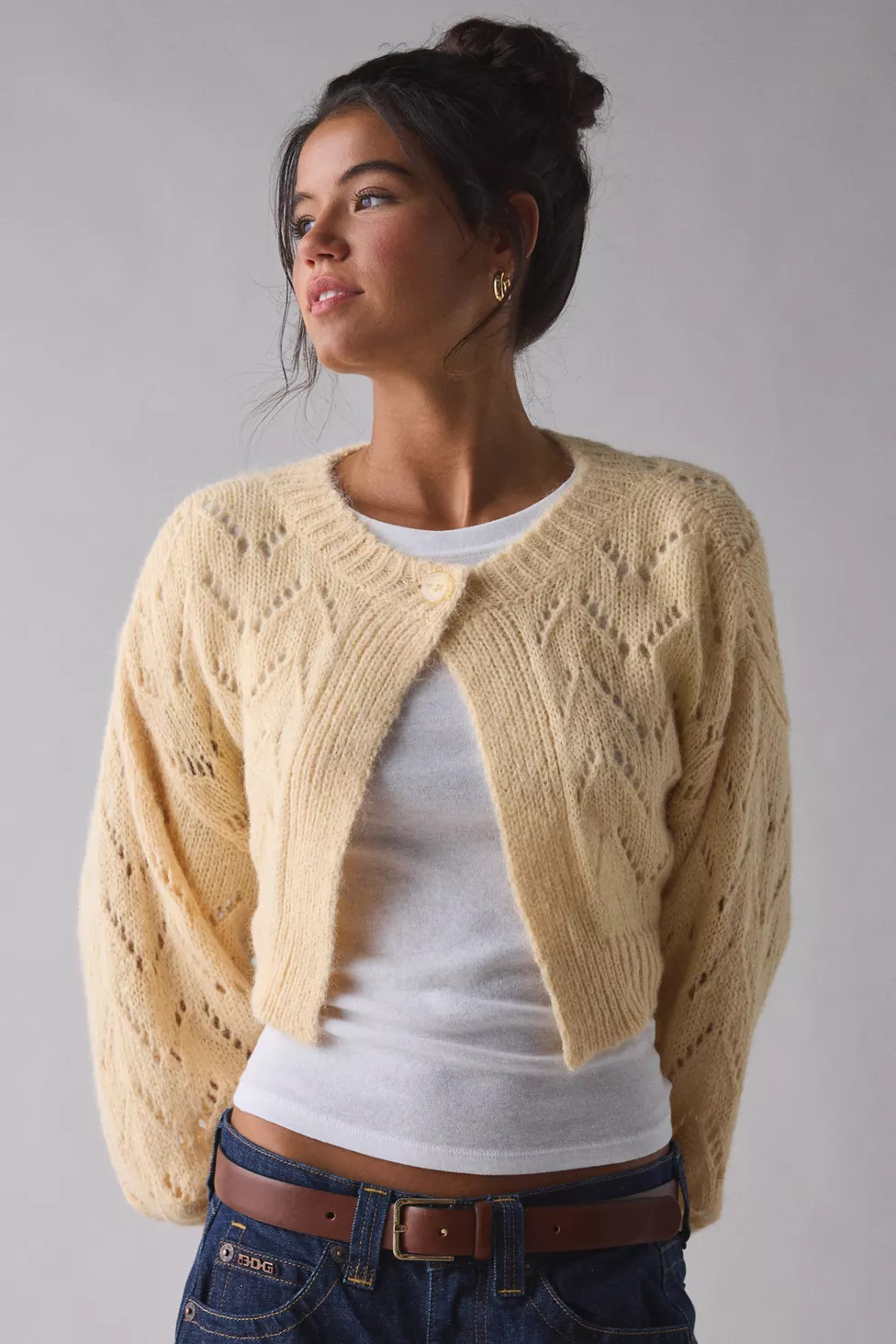 Kimchi Blue Pointelle Knit Tie-Back Cropped Shrug Cardigan | Urban Outfitters (US and RoW)