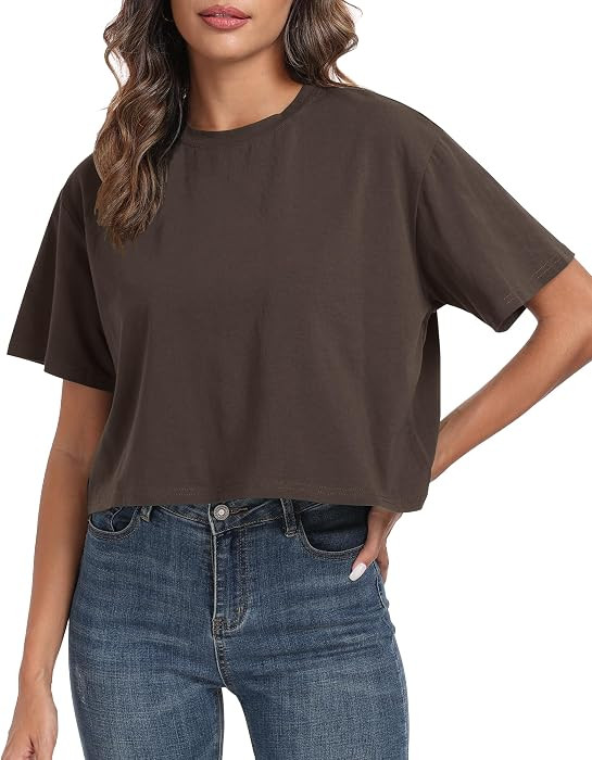 PRIMODA Women's Oversized Workout Cropped T Shirts Crew Neck Short Sleeve Casual Loose Summer Crop Tee Tops Cotton | Amazon (US)