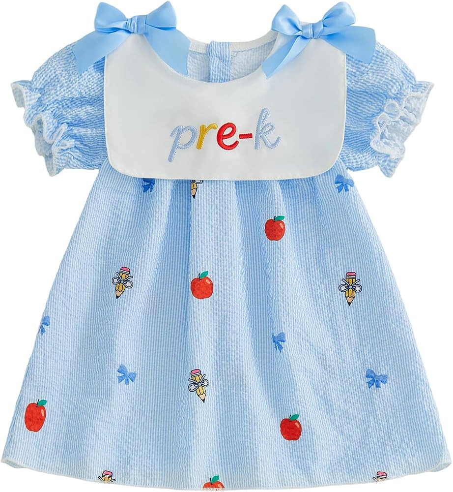 Toddler Girl Back to School Outfit Pre K Apple Pencil Short Sleeve Dress | Amazon (US)