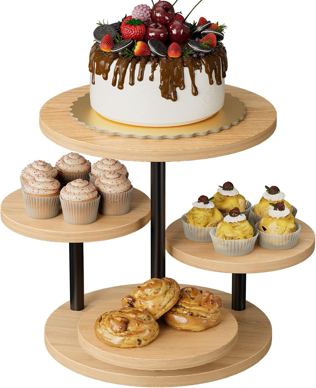 Cake Stand for 50 Cupcakes 360°Rotating Wooden Cupcake Display Stand Round Cookie Stands 4 Tiered Tray Stand for Parties Birthday Wedding Baby Shower Afternoon Tea Dessert Table, Oak | Amazon (US)