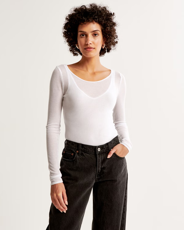 Long-Sleeve Sheer Rib Crew Top | Abercrombie & Fitch (US)