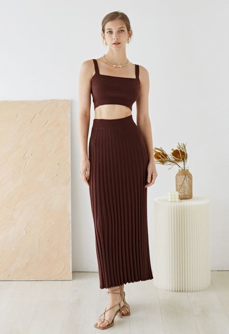 Ultra-Soft Lettuce Hem Knit Maxi Skirt in Brown | Chicwish