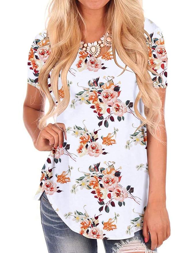 NIASHOT Women's Short Sleeve Loose Casual V-Neck Floral T-Shirt Tops | Amazon (US)