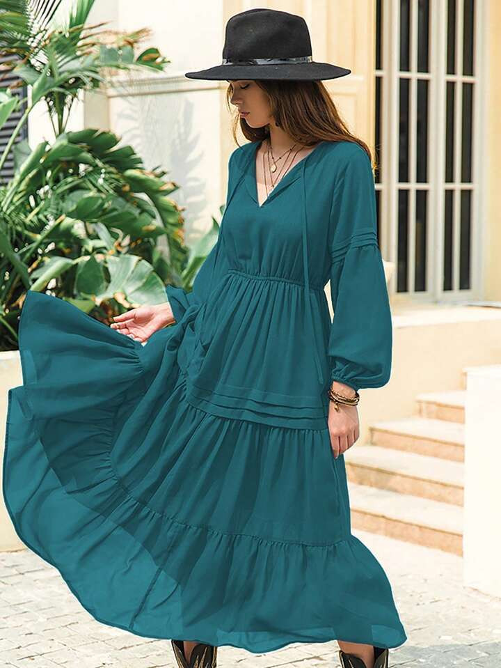 Rusttydustty Solid Color Lantern Sleeve Frilled Hem Dress | SHEIN