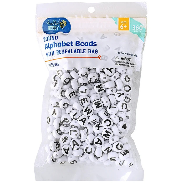 Hello Hobby - White Alphabet Plastic Beads with Black Letters - 360 Pieces- Unisex, 10MM Round | Walmart (US)
