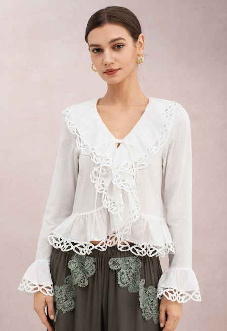 Cutwork Trim Tie-Front Ruffle Cotton Top in White for Bohemian Beach Getaways & Brunch Dates | Chicwish
