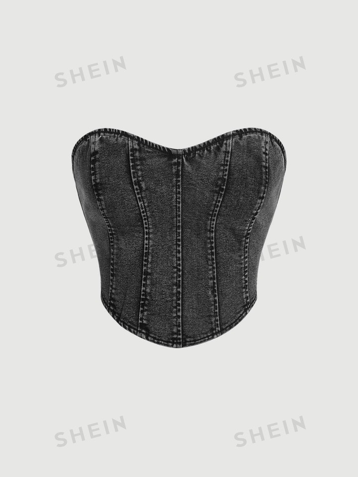 SHEIN MOD Black Summer Solid Denim Tube Top | SHEIN