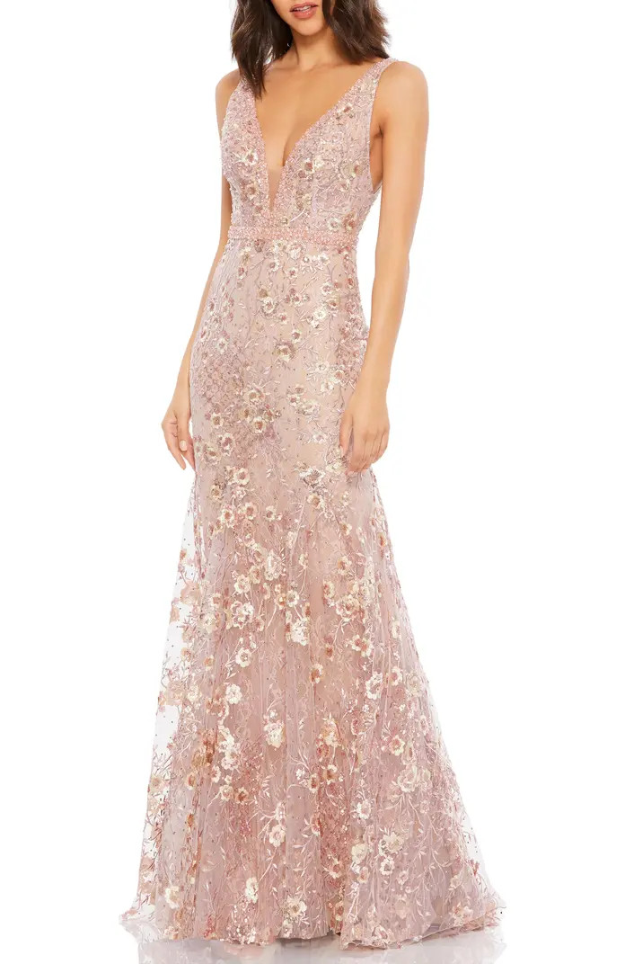 Floral Embellished Sleeveless Plunge Neck Gown | Nordstrom