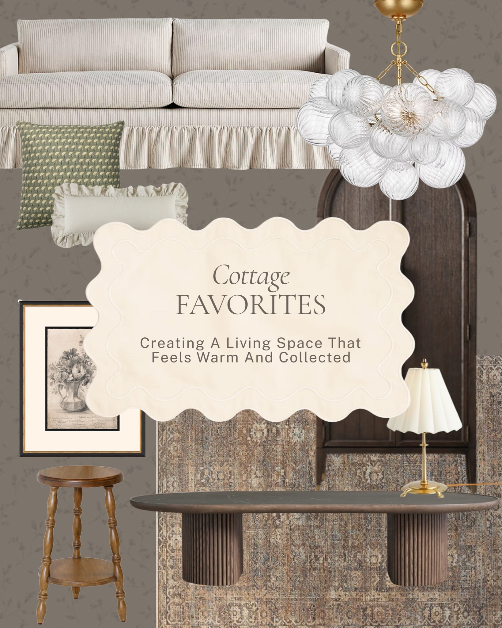 Creating a living room that feels warm and collected, one layer at a time. 

A skirted striped sofa, a glass bubble chandelier, an arched cabinet, and the mix of vintage-feeling art and antique-style tables that make a space feel like it came together over years, not a weekend.

Shop the pieces here! 

#LTKhome