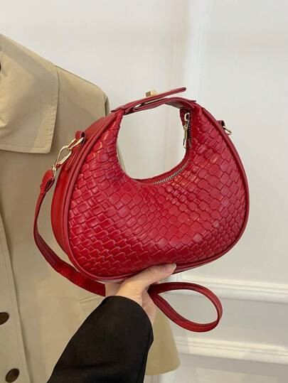 1pc Plain Pu Leather Moon-Shaped Bag With Zipper Closure, Vintage, Fashionable, Versatile, Suitable For Women's Daily Use, Dates And Gifts, Can Be Used As Handbag, Shoulder Bag And Cross-Body Bag, Women Bag Woven Bag For Valentine's Day Gifts, New Year's Gifts, For Commuting To Work, Shopping, Adjustable Shoulder Strap, Simple Fashion Women's Bag, Fashion Top Handle Bag, Red Bag | SHEIN