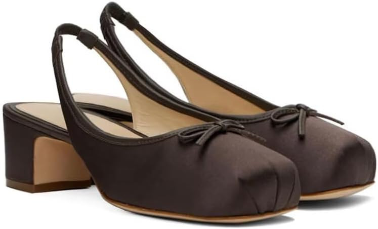 Agodor Slingback Heels for Women Ruched Satin Ballet Mary Jane Shoes with Bow Square Toe Ballerin... | Amazon (US)